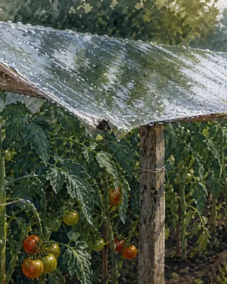 Abri tomates fait maison en structure ouverte avec bâche transparente, anti-mildiou
