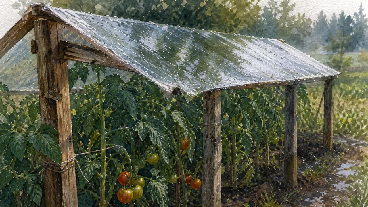 Abri tomates fait maison en structure ouverte avec bâche transparente, anti-mildiou