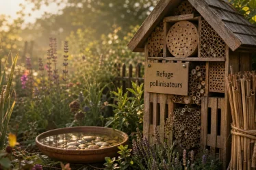 Hôtel à insectes et eau pour attirer les pollinisateurs au jardin