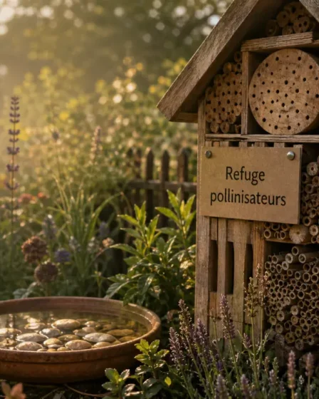 Hôtel à insectes et eau pour attirer les pollinisateurs au jardin