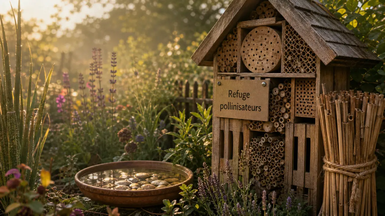 Hôtel à insectes et eau pour attirer les pollinisateurs au jardin