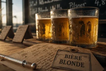 Bière blonde liste : verres de Lager, Pilsner, IPA et Triple, or malté
