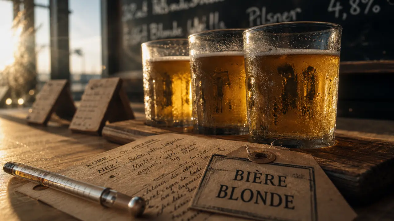 Bière blonde liste : verres de Lager, Pilsner, IPA et Triple, or malté