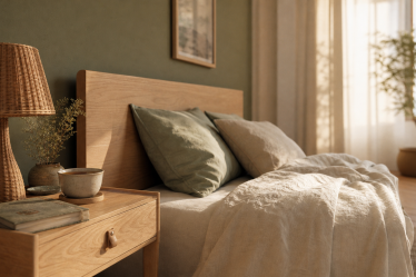 Chambre vert sauge et bois, mur vert sauge mat, lit en lin écru, lumière du matin