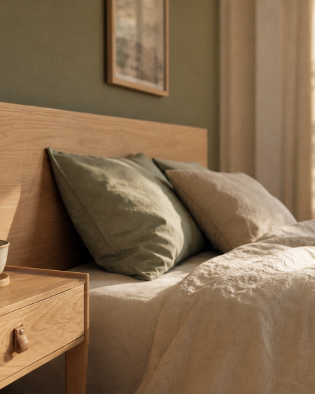 Chambre vert sauge et bois, mur vert sauge mat, lit en lin écru, lumière du matin