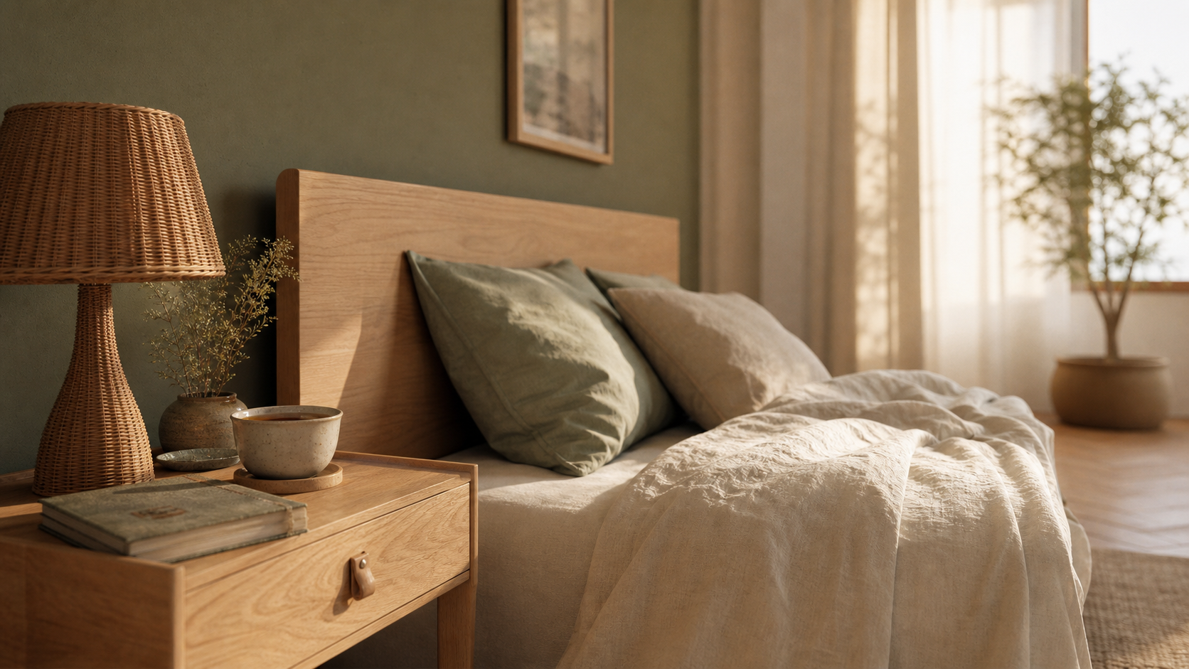 Chambre vert sauge et bois, mur vert sauge mat, lit en lin écru, lumière du matin