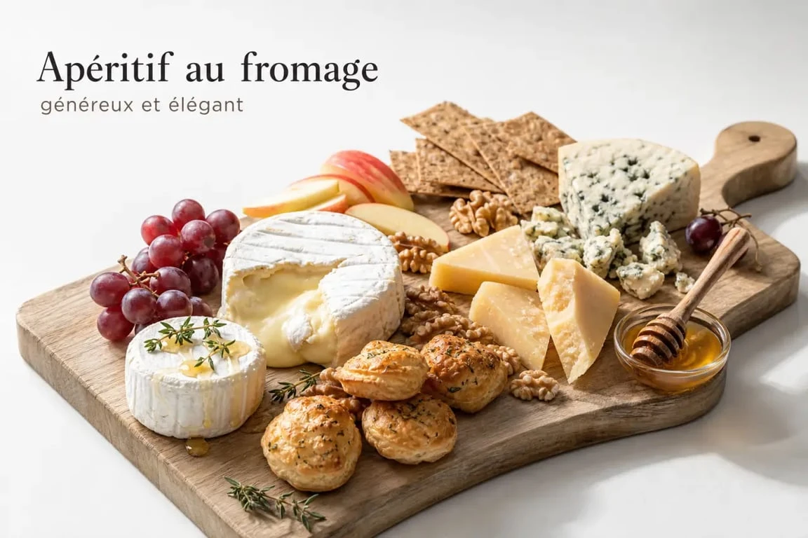 Fromage apéritif sur une planche conviviale avec mini-feuilletés, fruits et noix