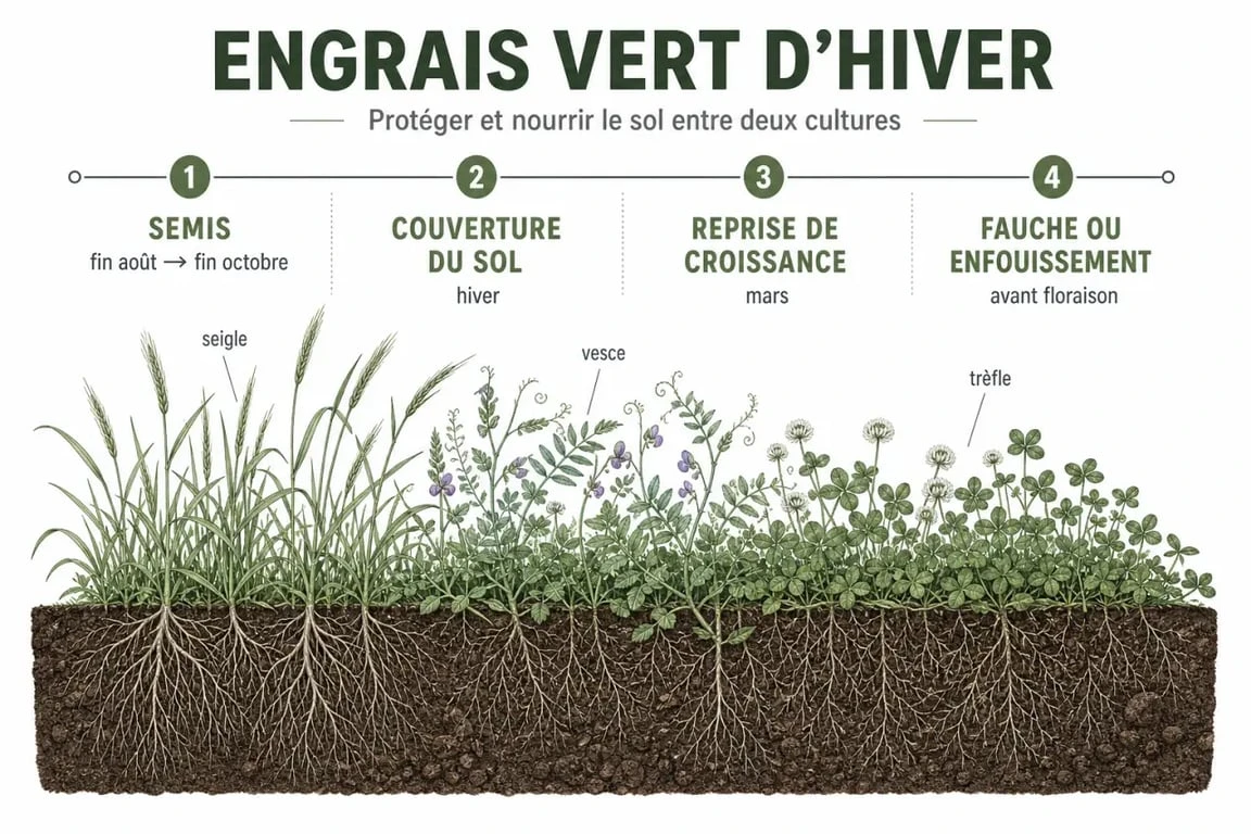 Schéma d’engrais vert hiver montrant semis, couverture du sol et fauche au printemps