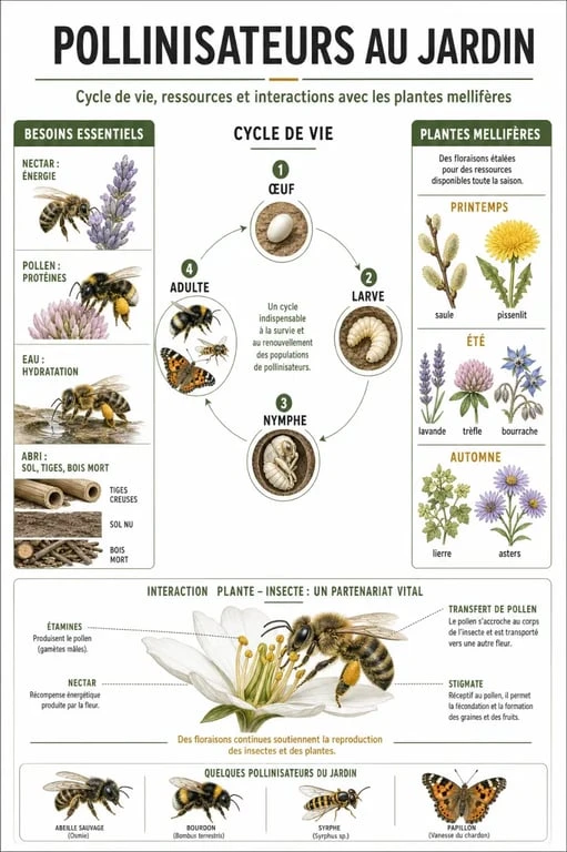 Infographie sur les besoins des pollinisateurs pour attirer les insectes au jardin
