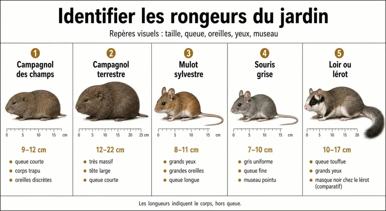 Rongeurs du jardin : comparaison visuelle entre campagnol, mulot, souris grise et loir