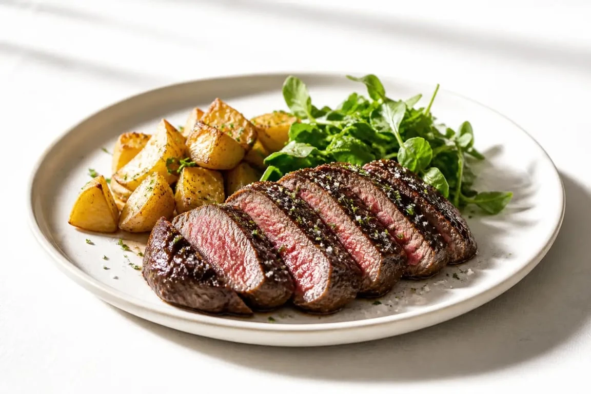 Recettes hampe de boeuf : hampe de bœuf grillée, juteuse et servie avec herbes fraîches et pommes de terre sautées