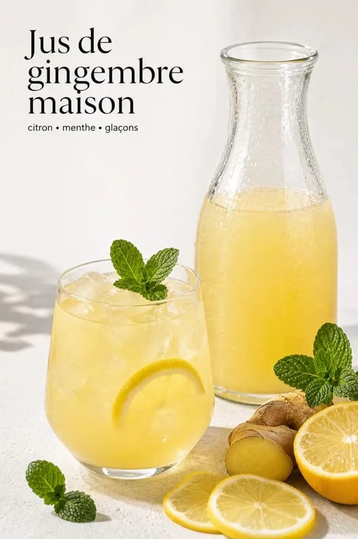 Recette du jus de gingembre maison servie fraîche dans une carafe avec citron et menthe