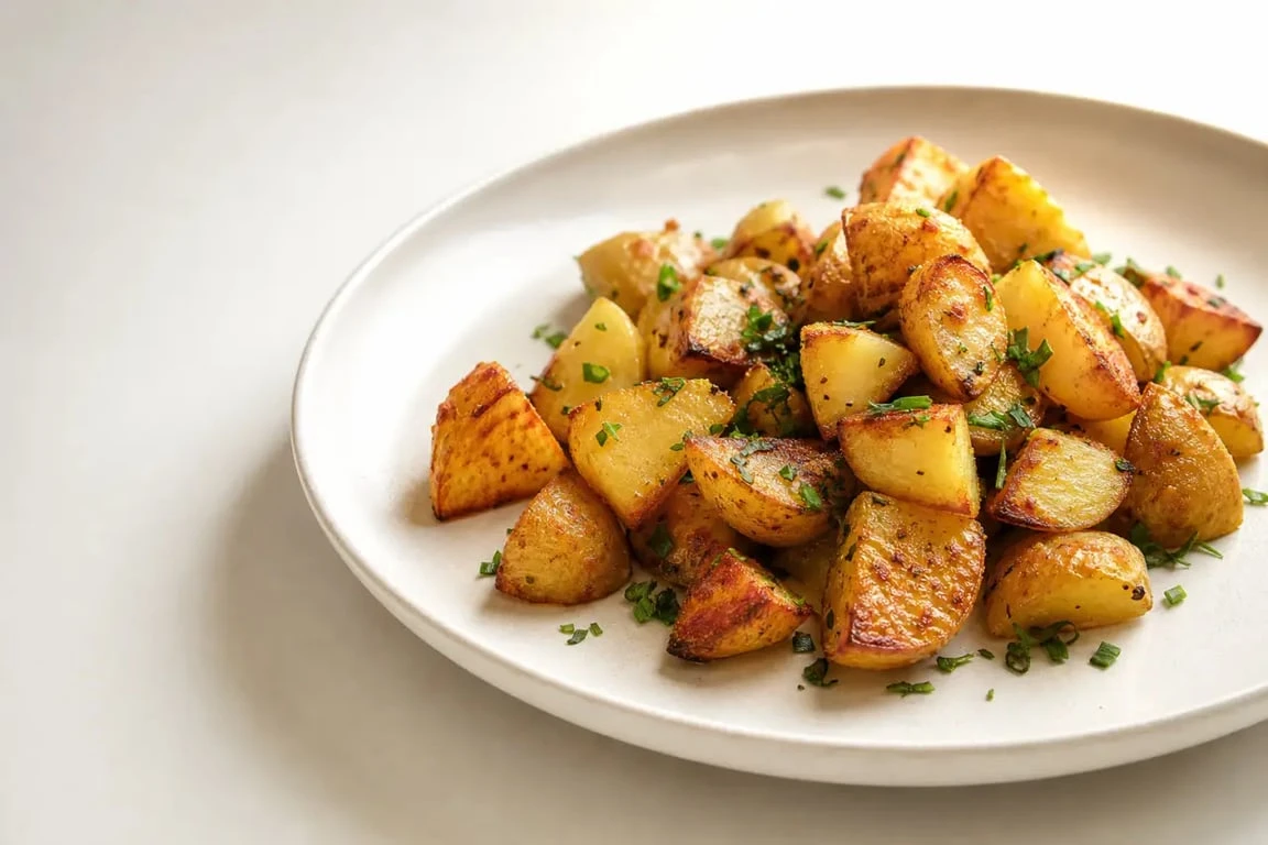Pommes de terre sautées air fryer dorées et croustillantes servies dans une assiette blanche