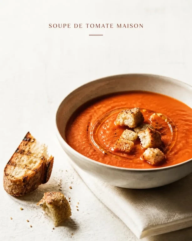 Recette soupe tomate grand mere servie en bol avec croûtons et pain grillé