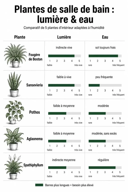 Infographie comparative des plantes faciles pour salle de bain : besoins en lumière et arrosage
