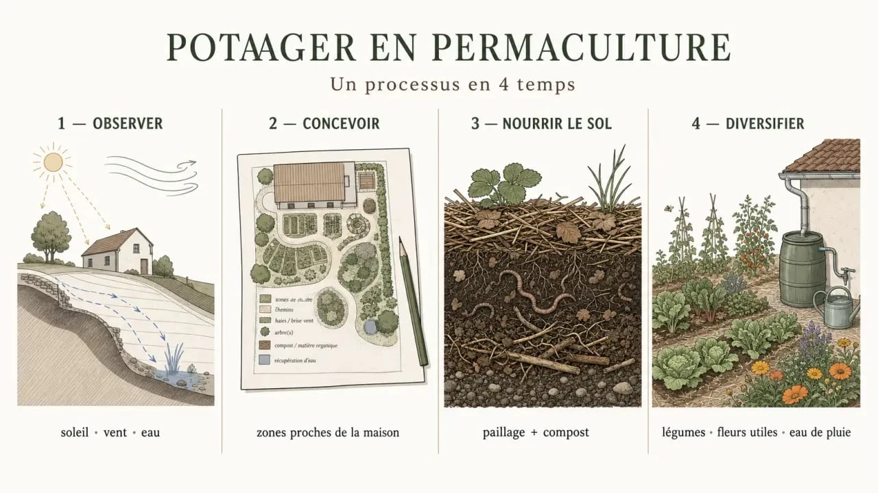 La permaculture au potager : schéma éditorial des étapes d’observation, de conception, de paillage et de plantation