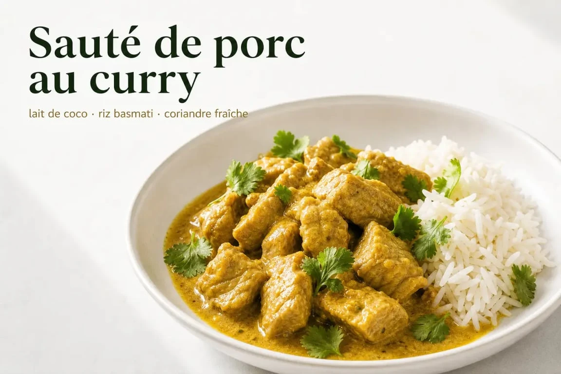 Recette sauté de porc curry servie avec riz basmati et sauce au lait de coco