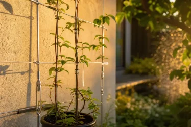 Treillis pour faire grimper des plantes sur un mur : clématite près du crépi.