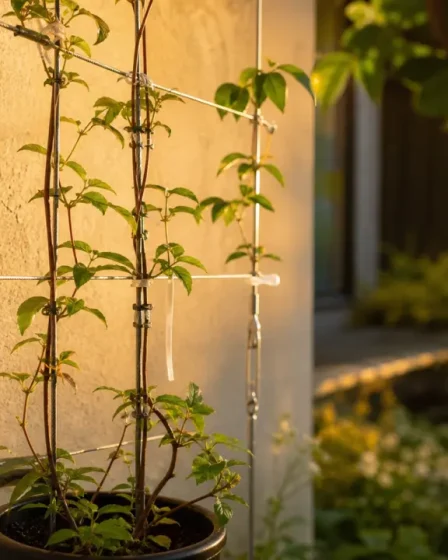 Treillis pour faire grimper des plantes sur un mur : clématite près du crépi.
