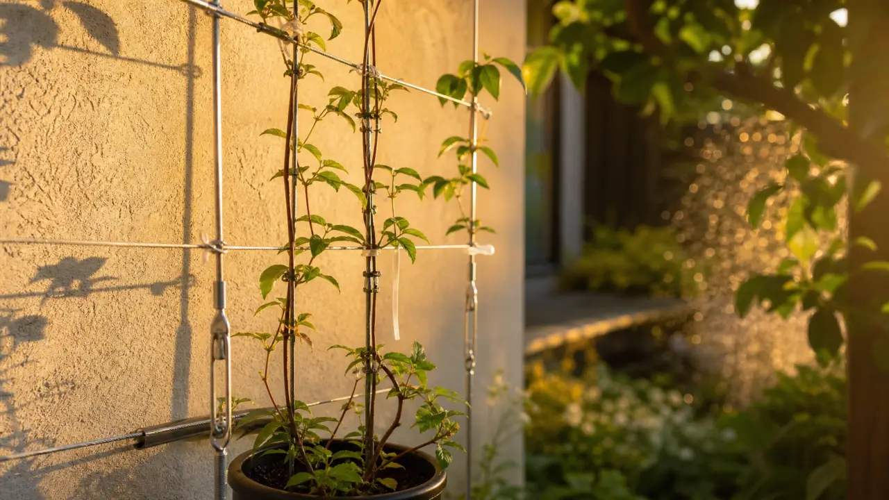 Treillis pour faire grimper des plantes sur un mur : clématite près du crépi.