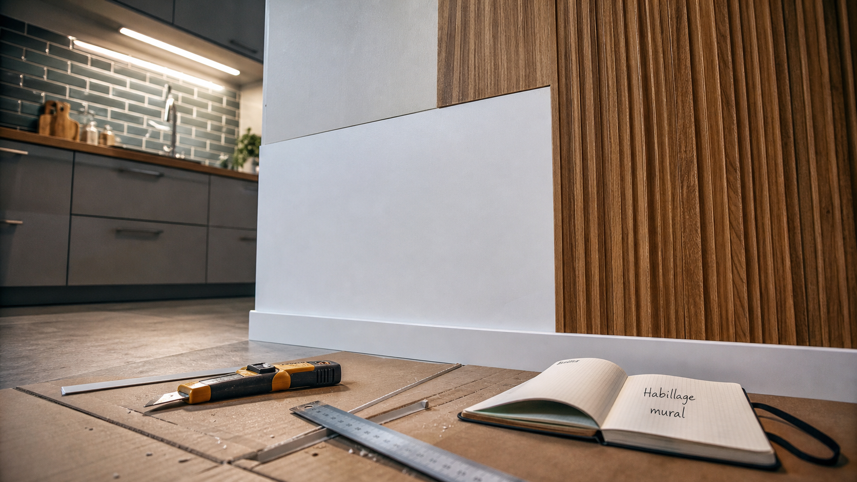 Habillage mur intérieur PVC et bois dans une cuisine