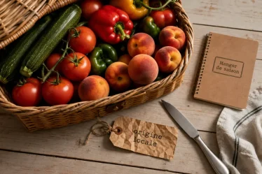 Manger de saison: pourquoi et comment, légumes et fruits locaux sur table