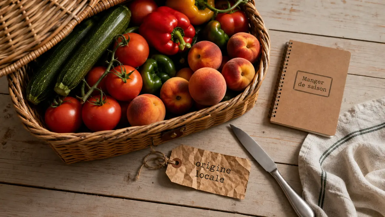 Manger de saison: pourquoi et comment, légumes et fruits locaux sur table