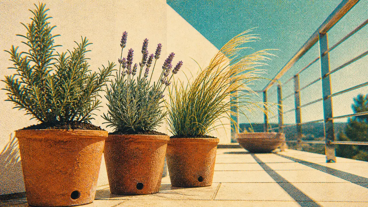 Plantes pour terrasse ensoleillée en pots : romarin et lavande au soleil plein sud