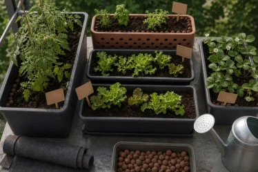 Potager sur balcon : bacs et terreau pour tomates, salades et fraises