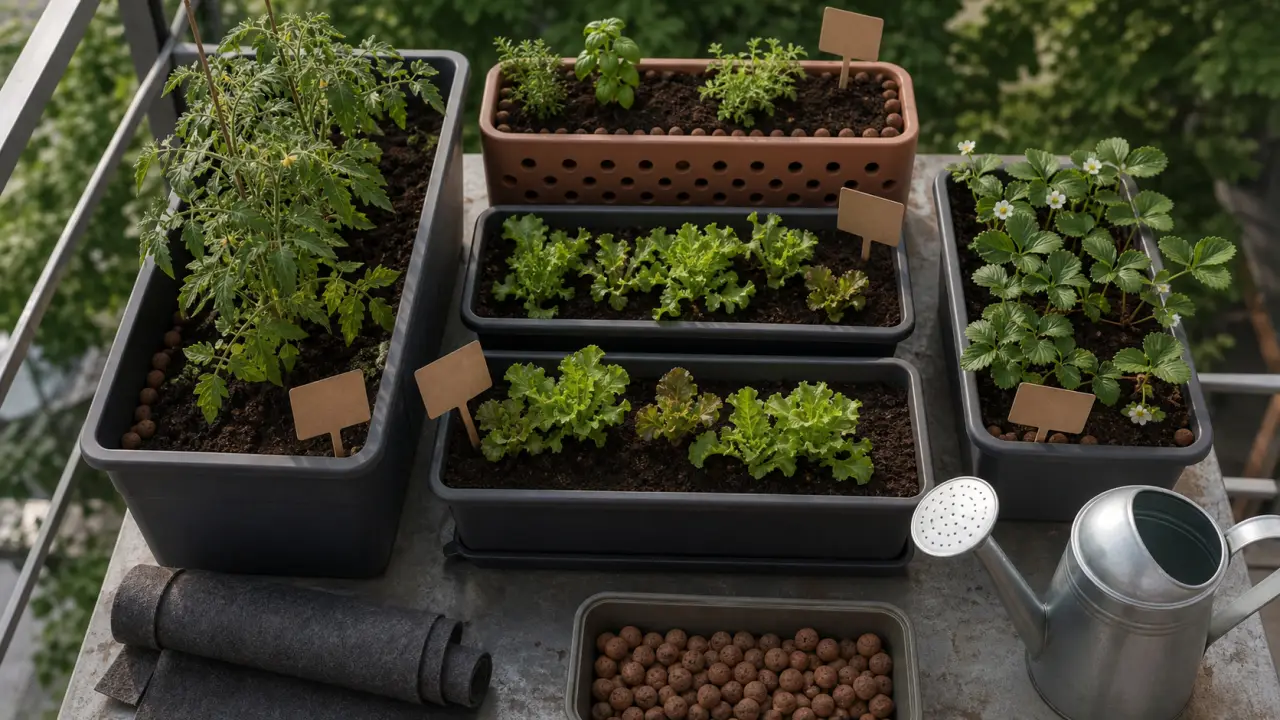 Potager sur balcon : bacs et terreau pour tomates, salades et fraises