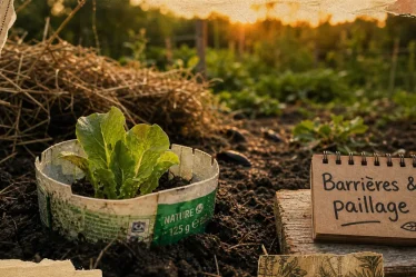 Protéger son potager des limaces : jeune laitue protégée par une barrière anti-limaces au potager