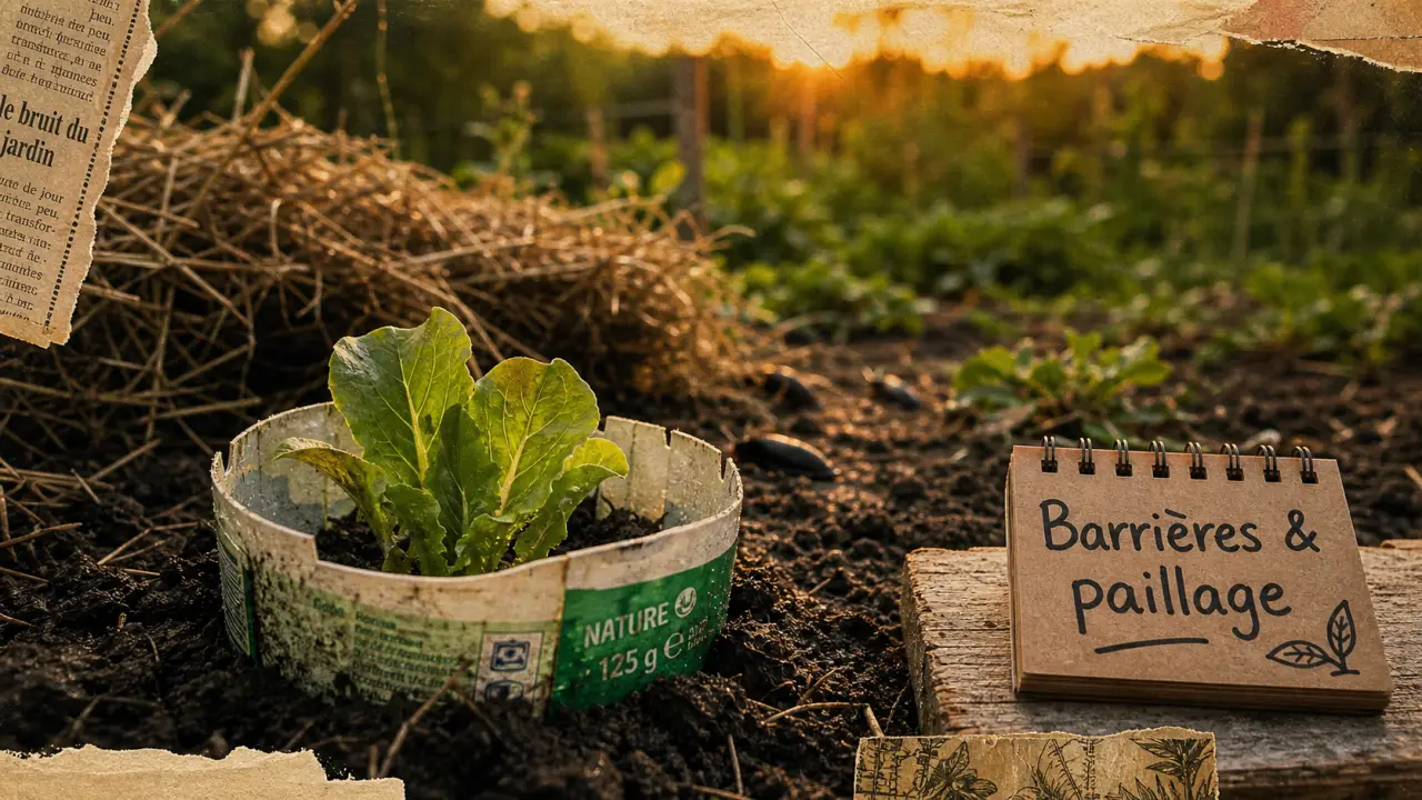 Protéger son potager des limaces : jeune laitue protégée par une barrière anti-limaces au potager