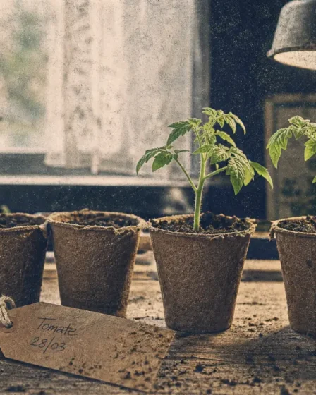 Quand semis tomates : jeunes plants en godets sous lampe