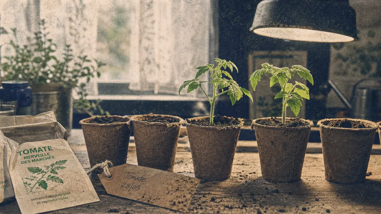 Quand semis tomates : jeunes plants en godets sous lampe