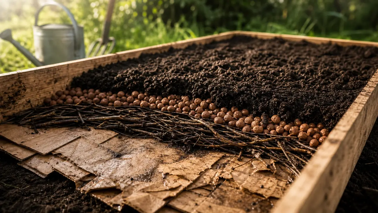 Que mettre au fond d’un carré potager : carton puis drainage avec billes d’argile