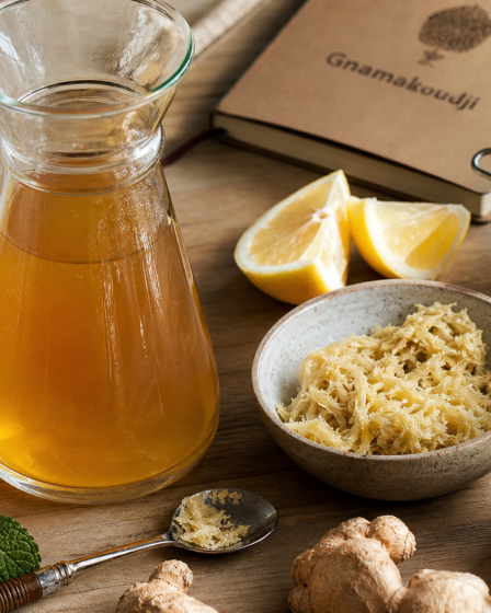Recette du jus de gingembre : carafe de jus ambré, gingembre frais, citron, menthe