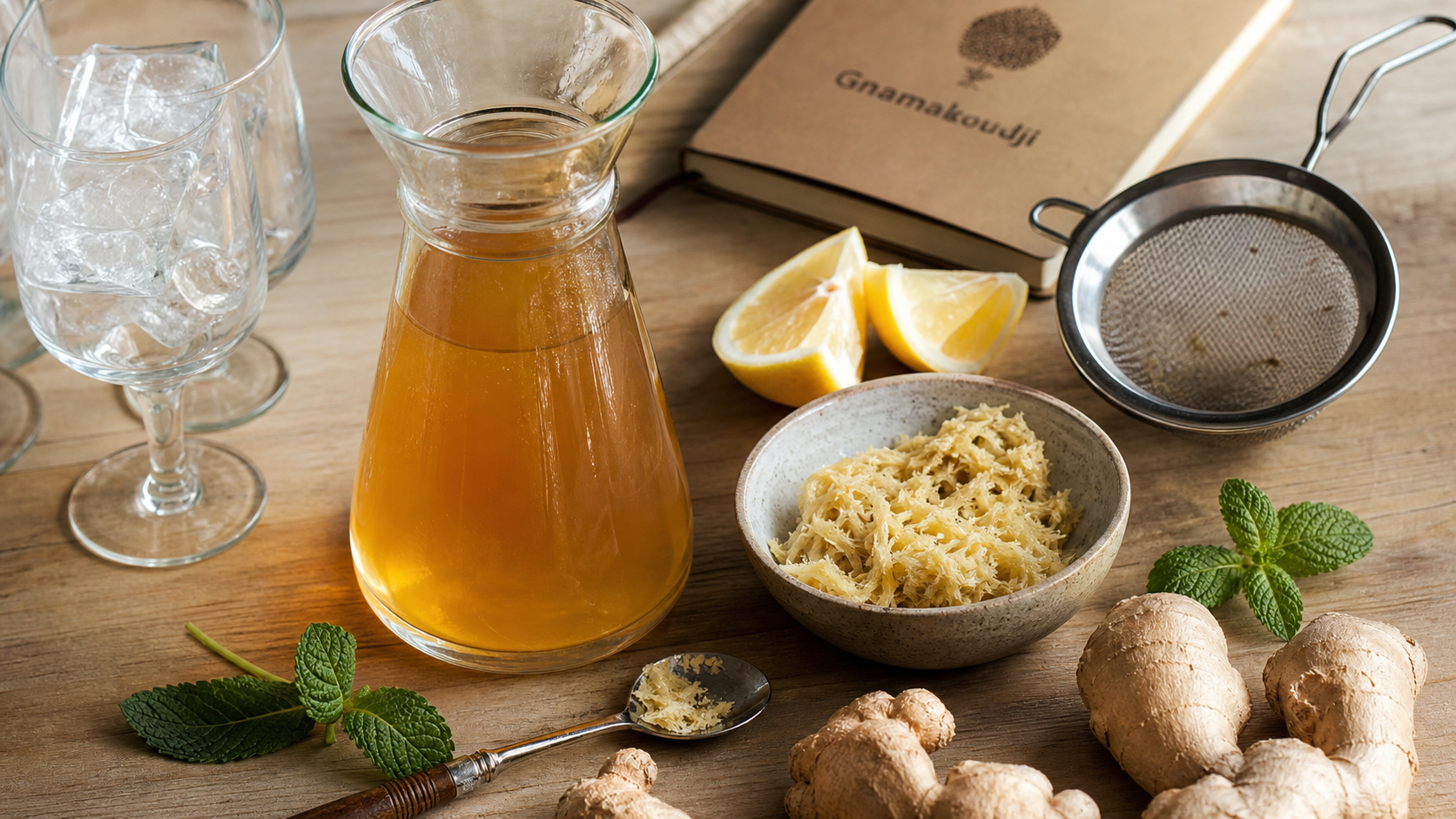 Recette du jus de gingembre : carafe de jus ambré, gingembre frais, citron, menthe