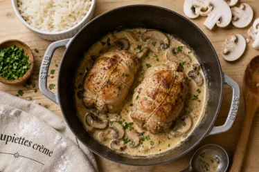Recette paupiette de poulet crème et champignons en cocotte, photo en vue du dessus
