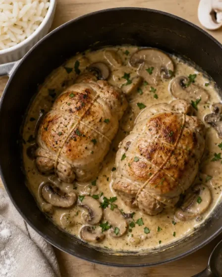 Recette paupiette de poulet crème et champignons en cocotte, photo en vue du dessus