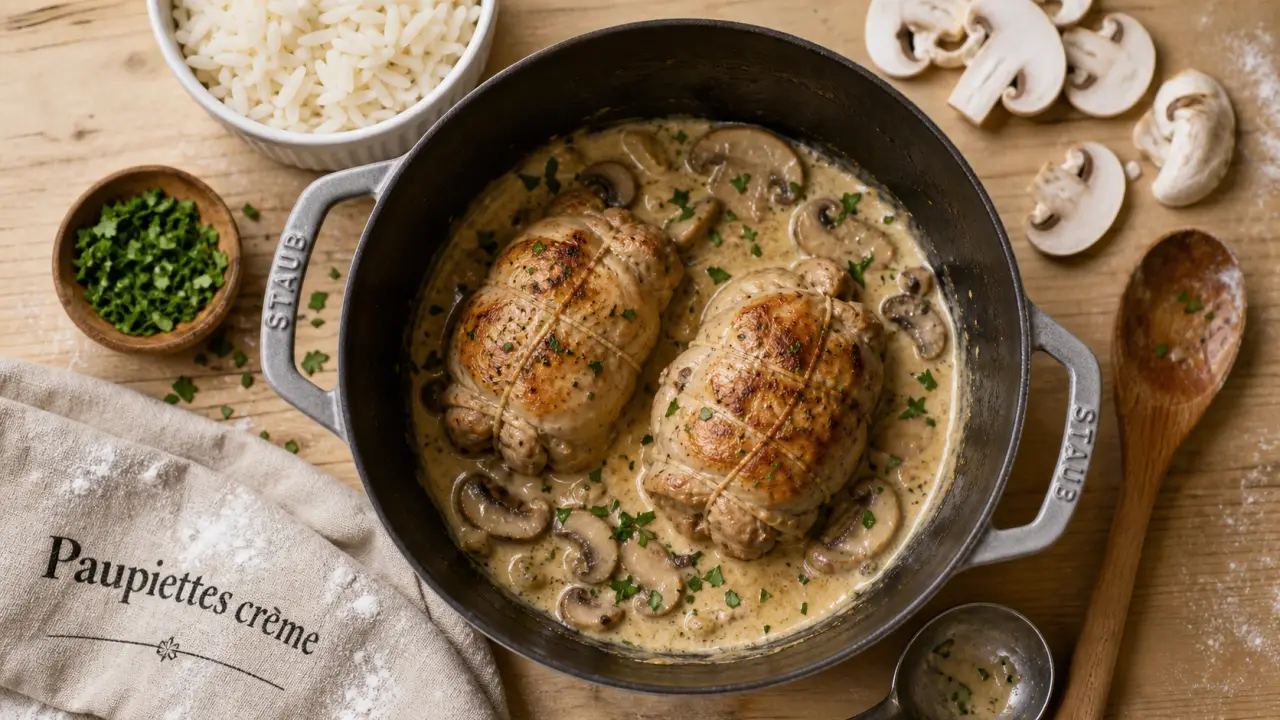 Recette paupiette de poulet crème et champignons en cocotte, photo en vue du dessus