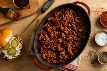 Recette pulled pork au four : épaule de porc effilochée en cocotte, sauce barbecue