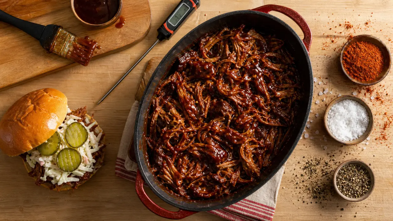 Recette pulled pork au four : épaule de porc effilochée en cocotte, sauce barbecue