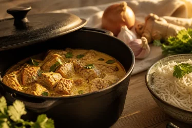 Recette sauté de porc curry : cubes de porc au curry au lait de coco et riz basmati