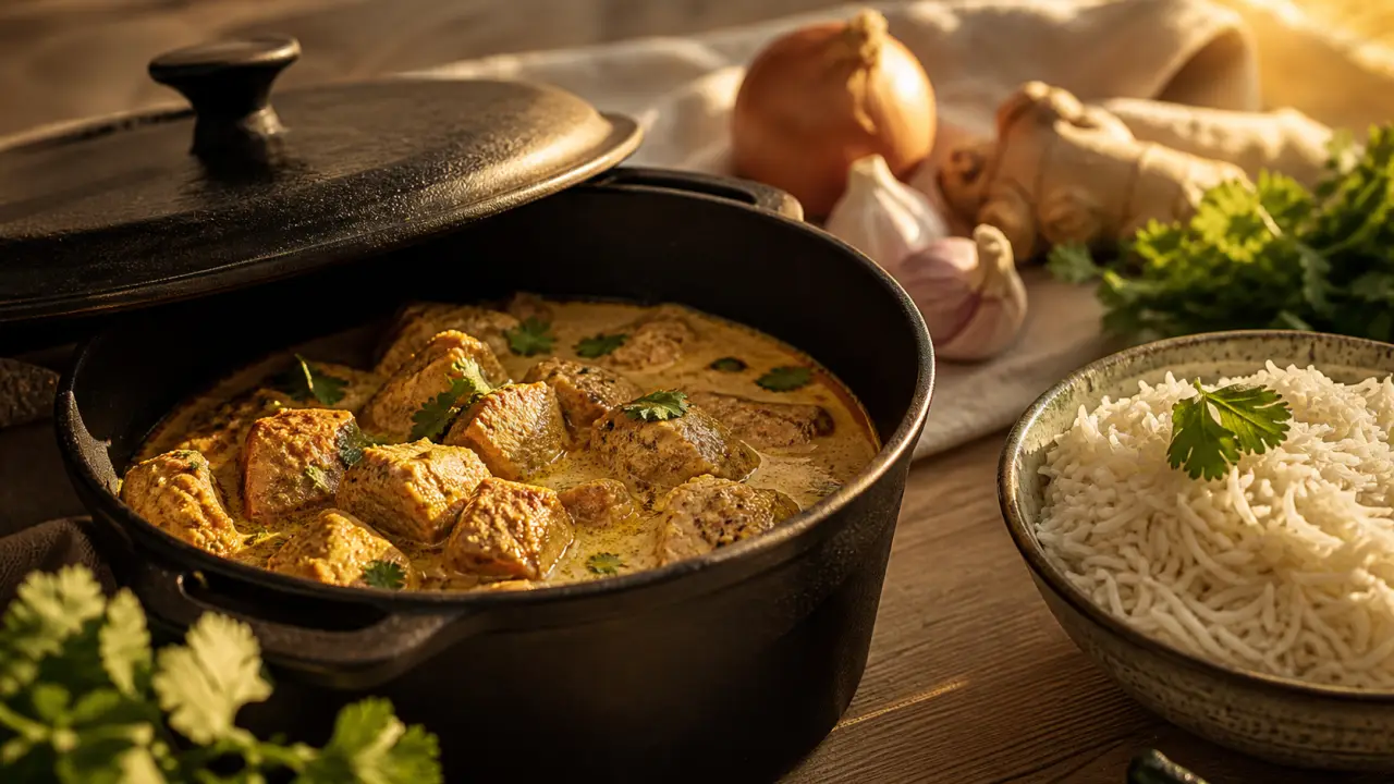 Recette sauté de porc curry : cubes de porc au curry au lait de coco et riz basmati