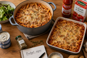 Repas pas cher pour 12 personnes : plat unique pâtes au thon, gratin doré
