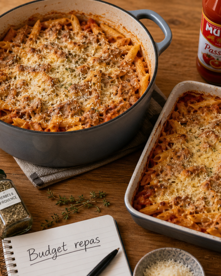 Repas pas cher pour 12 personnes : plat unique pâtes au thon, gratin doré