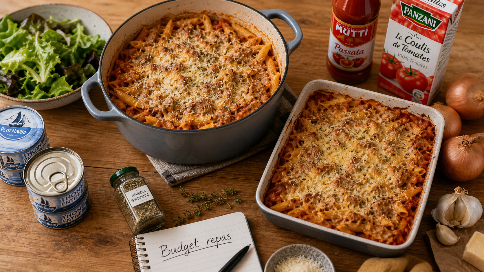Repas pas cher pour 12 personnes : plat unique pâtes au thon, gratin doré