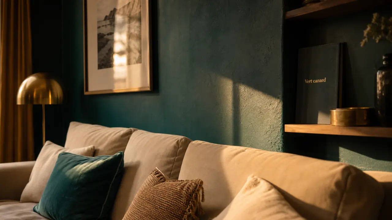 Vert canard couleur, mur d’accent sombre et déco élégante sans alourdir la pièce