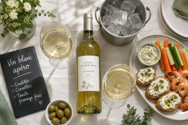 Vin blanc sec apéro : bouteille, verres et apéritif (Sauvignon, Chardonnay, Albariño)