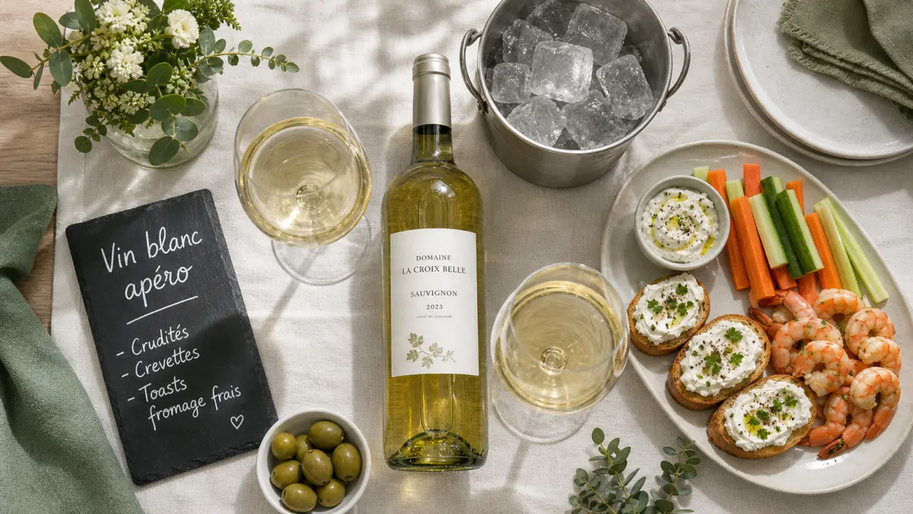 Vin blanc sec apéro : bouteille, verres et apéritif (Sauvignon, Chardonnay, Albariño)